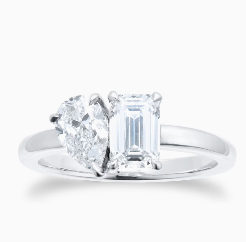 2.10ct Toi et Moi Emerald and Pear Platinum Diamond Ring